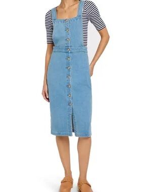Faherty Remi Organic Cotton blend Denim Button-Front Overall Midi Dress 2 NWT